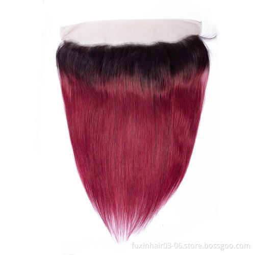 Cheap 1B Burgundy Straight Brazilian Hair Weave Bundles With Frontal Closure